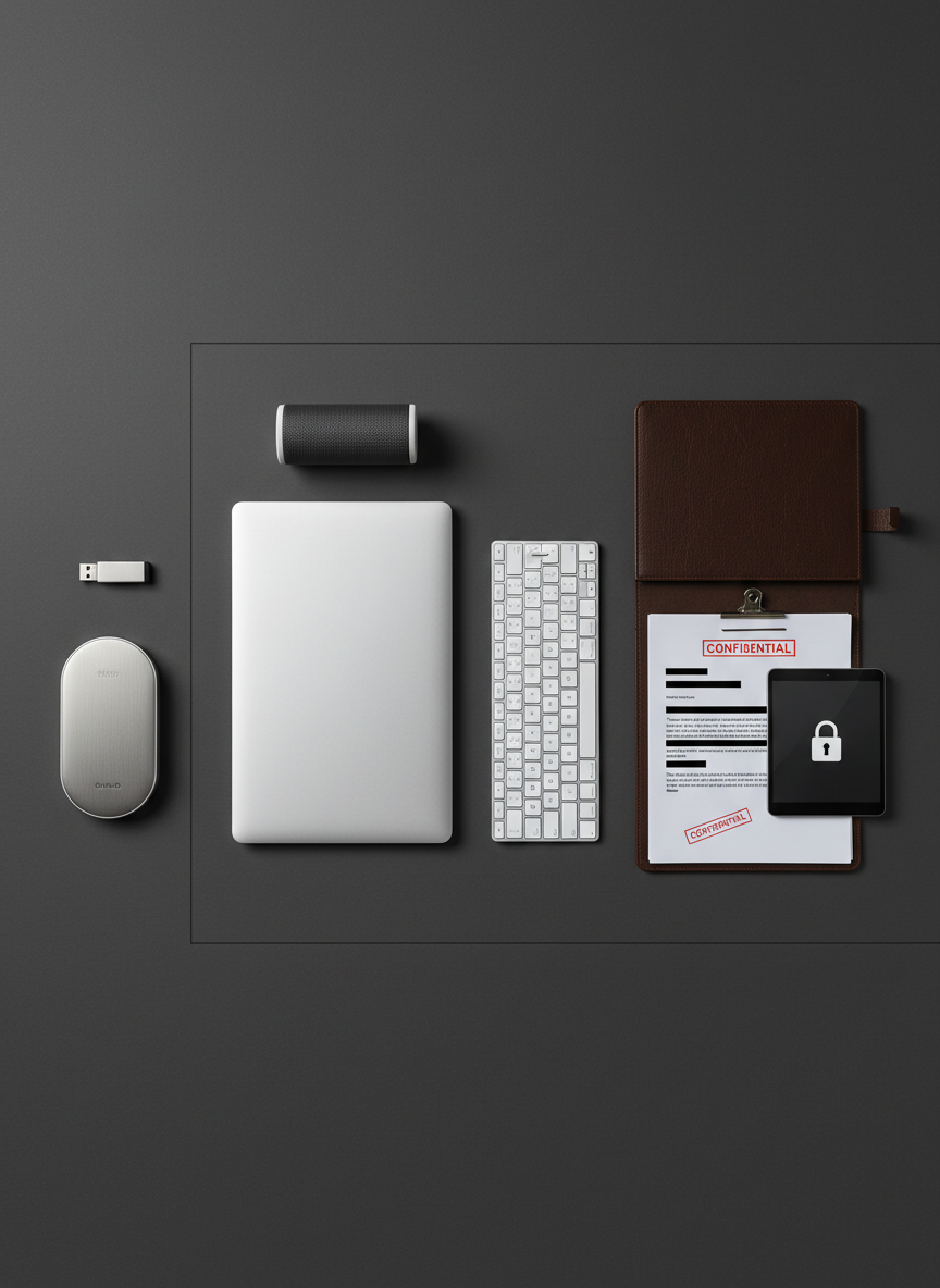 A refined flat-lay of essential virtual administration tools arranged with geometric precision on a matte charcoal background. A silver laptop sits centered and closed, flanked by a biometric external drive, a secure USB key, a slim wireless keyboard, and a discreet noise-cancelling speaker unit. Beside them, an embossed leather portfolio partially open reveals neatly clipped, redacted documents labeled "Confidential". A small, minimalist lock icon is subtly visible on a nearby tablet screen. Clean overhead studio lighting creates soft, even illumination with gentle, controlled shadows, emphasizing textures of metal, leather, and paper. Photographic realism with a minimalist, high-end aesthetic, conveying security, discretion, and premium executive support services provided from anywhere.