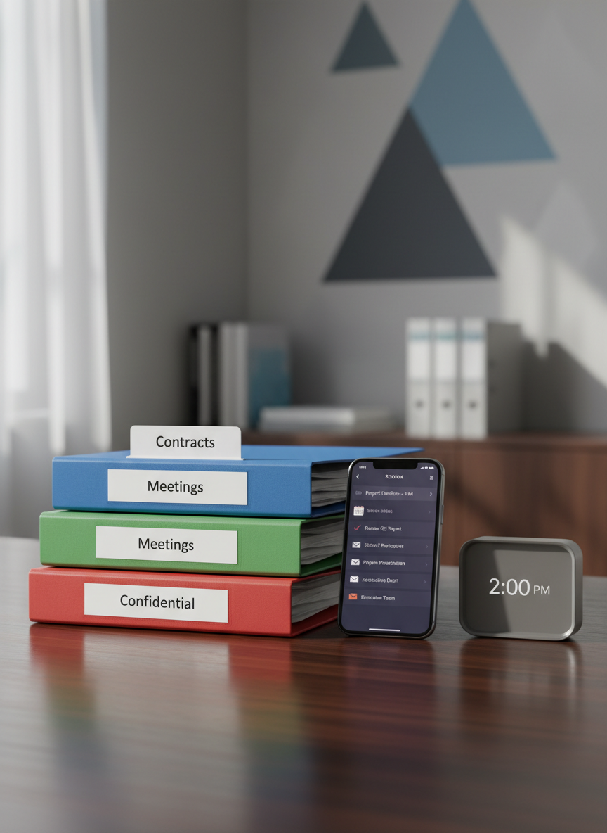 A close-up of a sleek, dark-wood desktop with neatly stacked color-coded folders labeled "Contracts", "Meetings", and "Confidential", each with tidy tabs. A smartphone lies beside them, screen lit with synchronized notifications: calendar updates, to-do lists, and incoming email previews, all precisely aligned. A minimalist desk clock with a brushed steel finish shows perfect punctuality. The environment is a refined office corner with a blurred backdrop of organized shelves and subtle corporate branding colors. Diffused afternoon light from an off-camera window casts soft, professional shadows and delicate highlights on paper textures. Photographic realism, shot from a slightly elevated angle with shallow depth of field, conveying precision, reliability, and meticulous virtual administration.