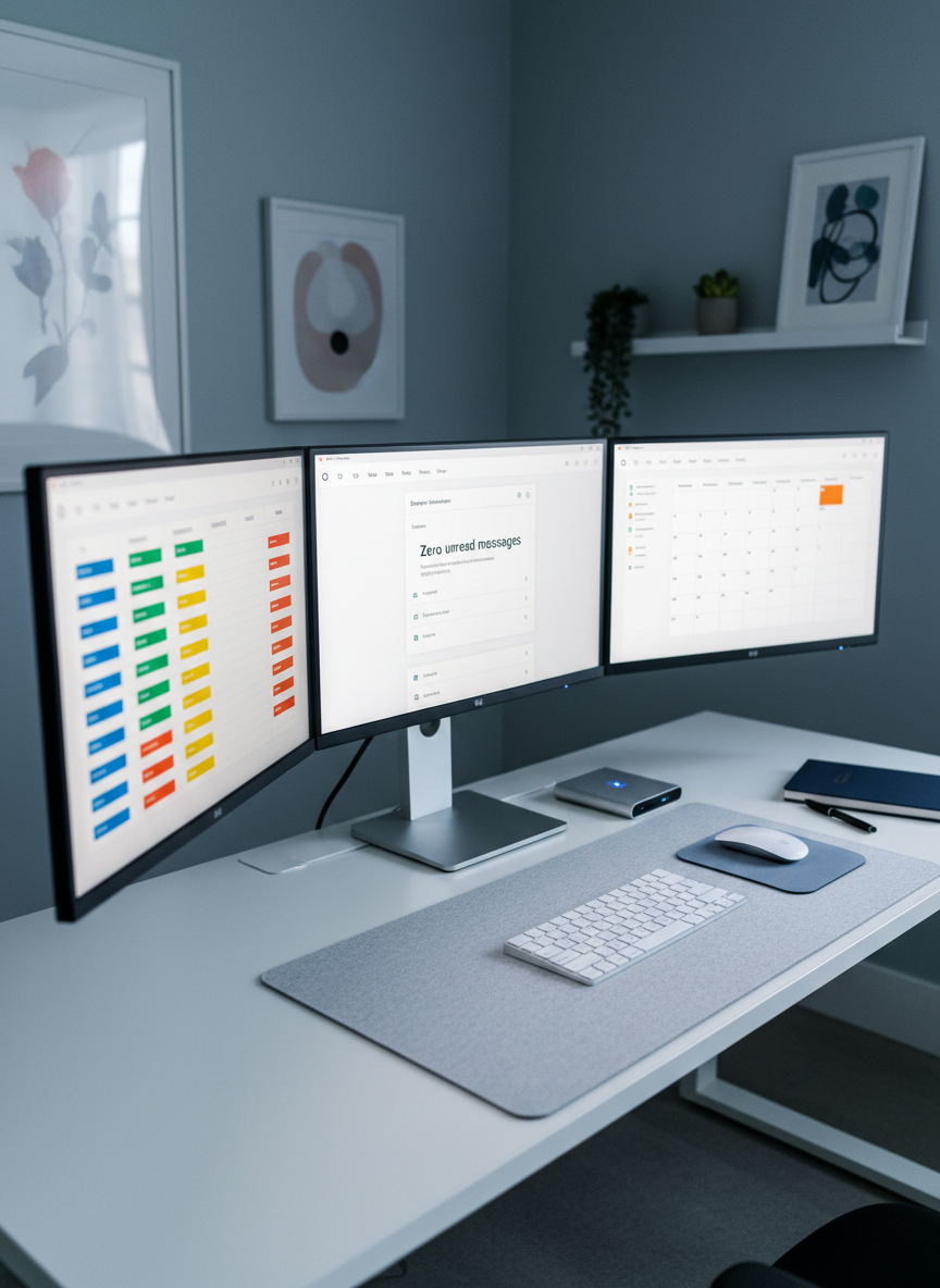 An ultra-organized digital command center displayed across three frameless monitors on a clean white desk. One screen shows a color-blocked project management board, another a structured inbox with zero unread messages, and the third a detailed yet tidy executive calendar. A wireless keyboard and mouse rest on a light gray felt desk mat, beside a slim encrypted external drive and a subtle logo-embossed notebook. The setting is a sophisticated, quiet workspace with muted blue-gray walls and minimal decor. Cool, balanced studio-style lighting creates crisp clarity on every screen while avoiding glare, with soft falloff into the background. Photographic realism, wide-angle composition with sharp focus throughout, evoking control, oversight, and seamless remote executive support.